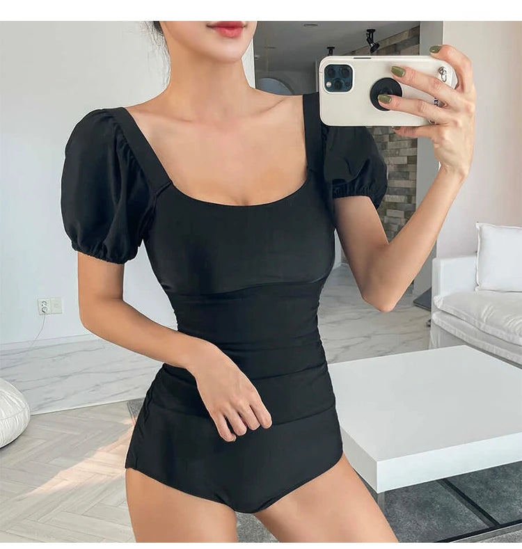 2026 New Women's One-Piece Swimsuit Short Sleeve Thermal Spring Soaking Slimming Waist Cinching Small Chest Student Tie-Bind