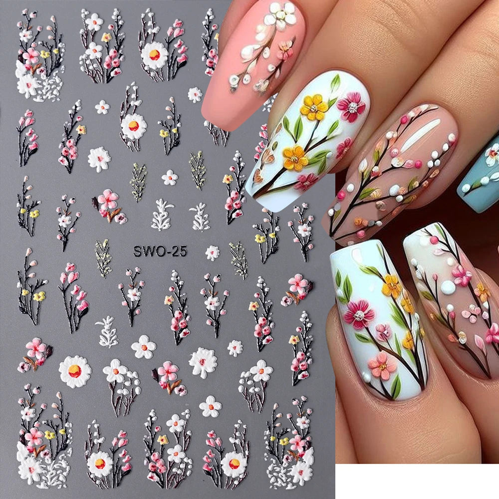 1Pc 3D Lavendar Flowers Stickers for Nails Spring Sakura Floral Leaves Self-Adhesive Sliders Decals Art Manicure for Decoration