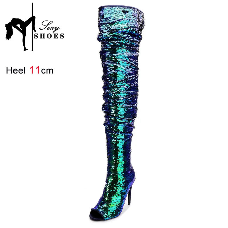 Fashion Wrinkle Women Long Boots Blue Sequined High Heels 11CM Nightclub Queen Peep Toe Shoes Shiny Over The Knee Boots Female