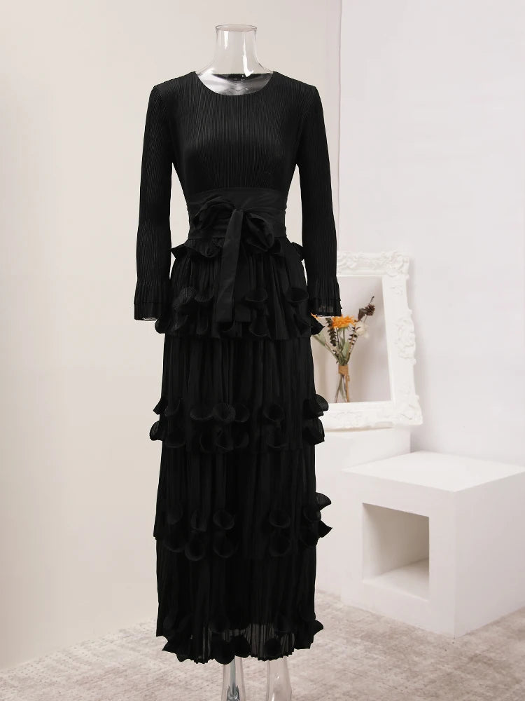 LANMREM Pleated Appliques Long Dresses For Women Round Collar Lace-up Full Sleeve Evening Party New 2025 Lady Dress 32S1173