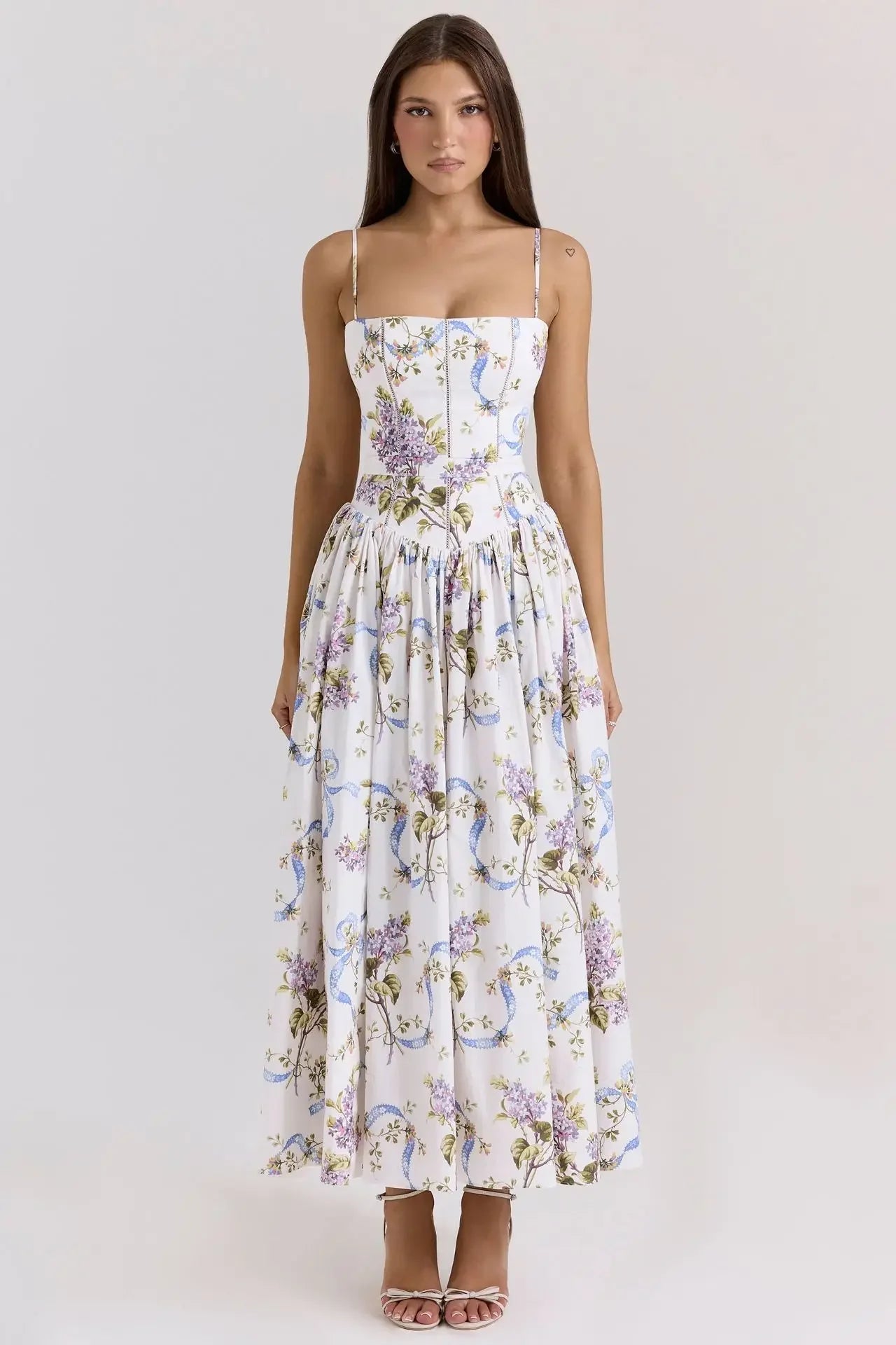 Elegant Fairylike French Style Gentle Floral Print Strapless Midi Dress Slimming Women's Fashion High End Feeling Dress