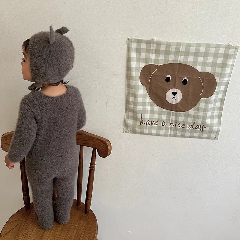 Newborn Baby Mink Fur Romper with Hood Cute Bear Animal Ear Footed Onesie Winter Warm Jumpsuit for 0-2 Years
