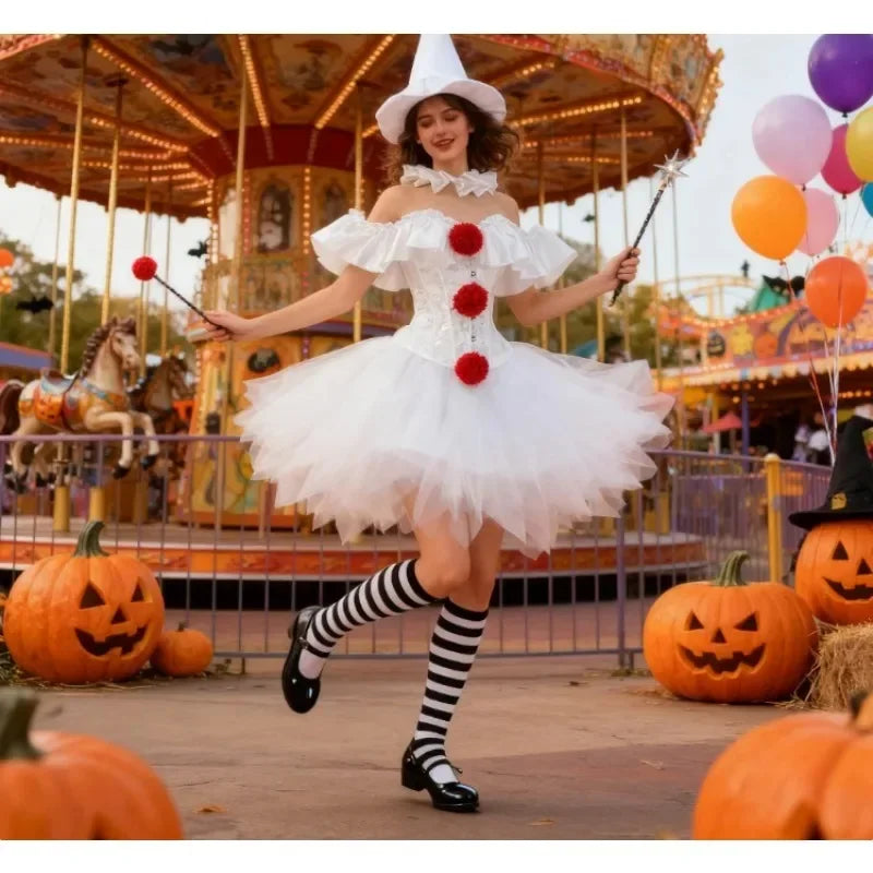 Halloween Clown Cosplay Costume Women Corsets Suit With Skirt Circus Performance Outfit Role Play Party Carnival Jester Dress