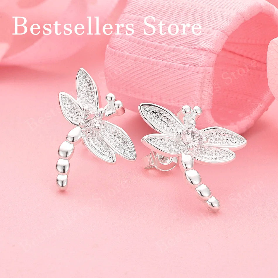 925 Sterling Silver Exquisite Dragonfly Zircon Stud Earrings for Women Fashion Wedding Gift Party Accessories Jewelry
