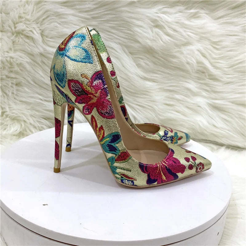 Fashion Print Women's Pumps 8CM 10CM 12CM Sexy Pointy Toe Luxury Female Shoes 2025 Spring Summer All-Match Woman Gold High Heels
