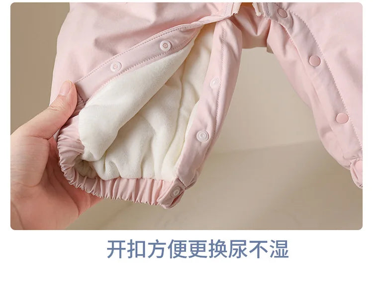 Winter Rompers Baby Girls Clothes Korean Fashion Pink Cute Hooded Bow Warm Thicker Jumpsuit Infant Costume Newborn Items B383