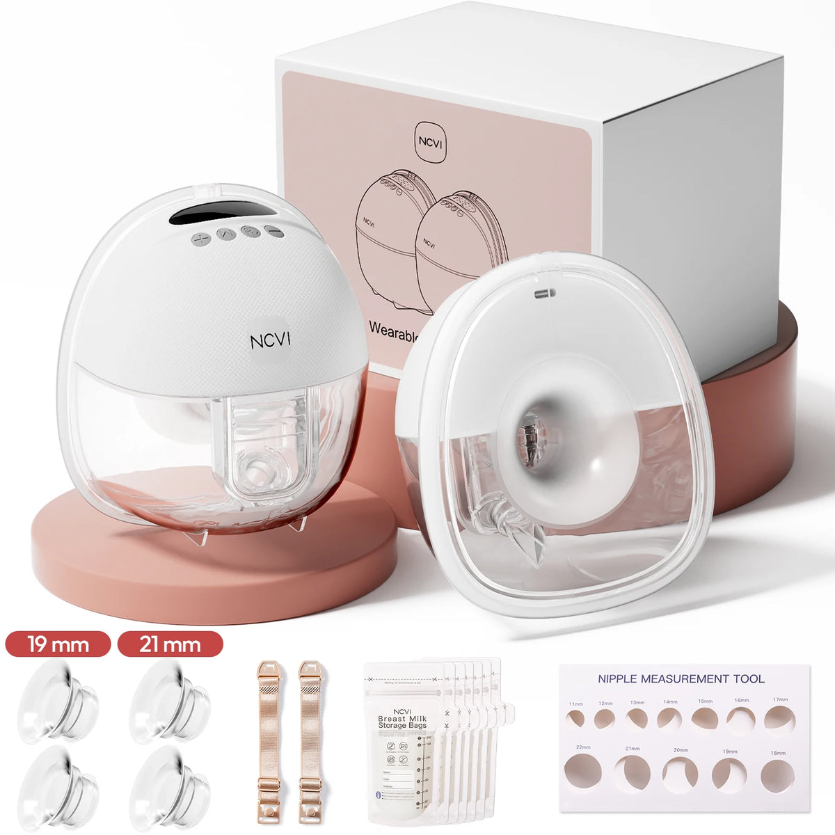 NCVI 2Pack Wearable Breast Pump Hands‑Free,1500mAh Battery,Quiet LED Display,4 Modes 9 Levels,19/21/24mm Flanges for Nursing Mom