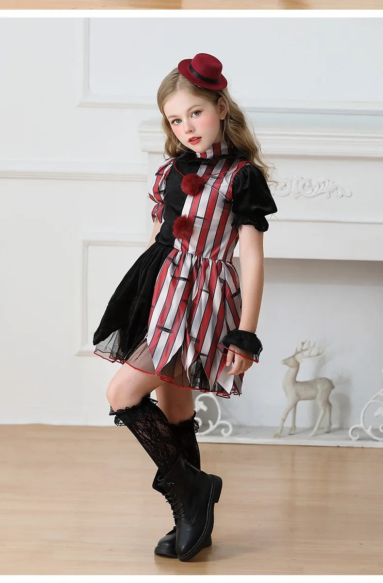 Halloween Cosplay Costumes Horror Clown Dresses Pants Headwear Clothes Sets Carnival Theme Party Role Playing Outfits for Girls