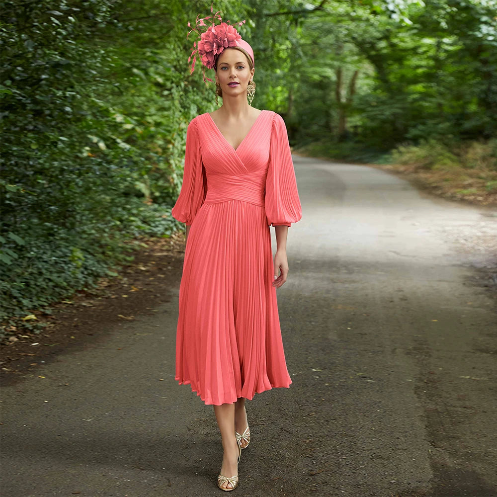 Pink Chiffon Wedding Guest Dress for Women 2023 A Line Mother of the Bride Gown  Weddings V Neck Puff Sleeves Midi Party