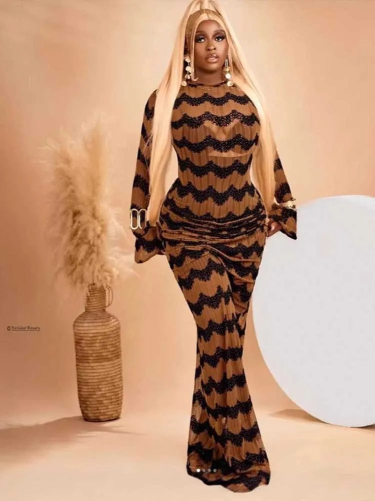 Long Sleeve Maxi Dress Chic for Women High Waist Evening Dress with Drape Sexy Brown Bandage Dress Wholesale Dropshipping