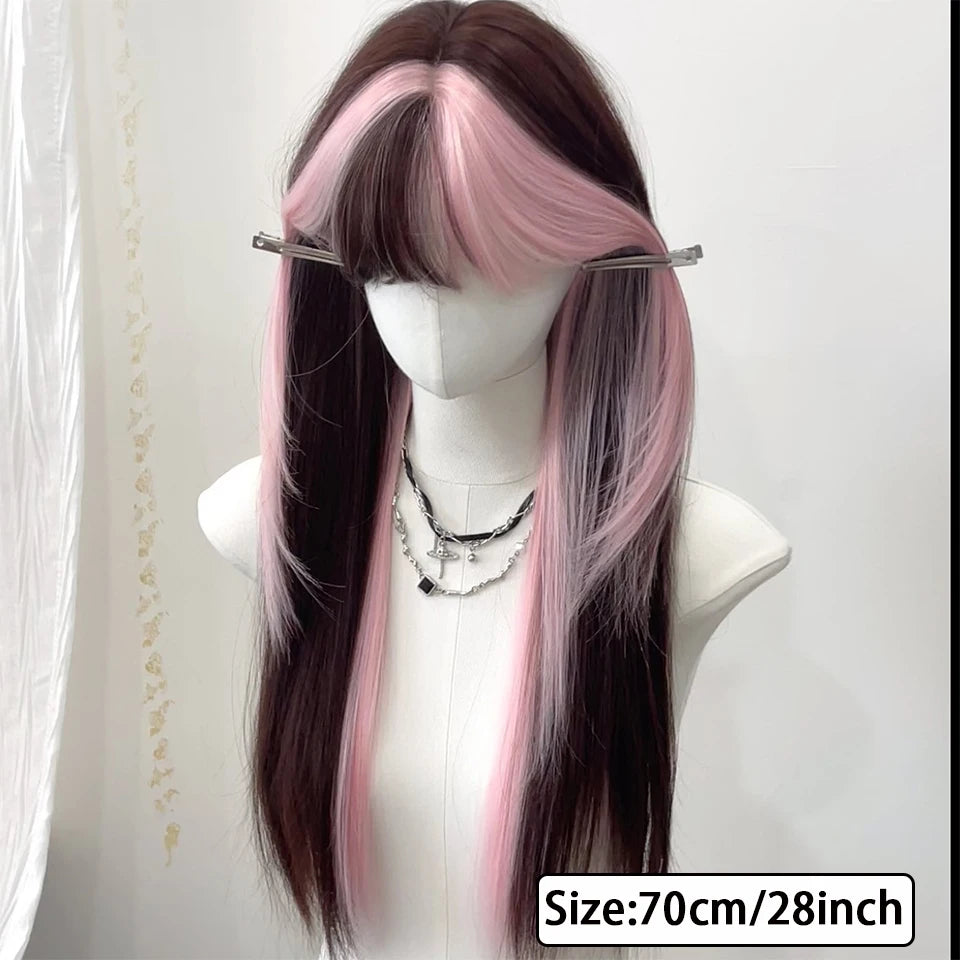 Ombre Pink Brown Wig for Women Cute Lolita Hair Wig with Bangs High Temperature Fibers Synthetic Wigs Headband Wigs for Cosplay