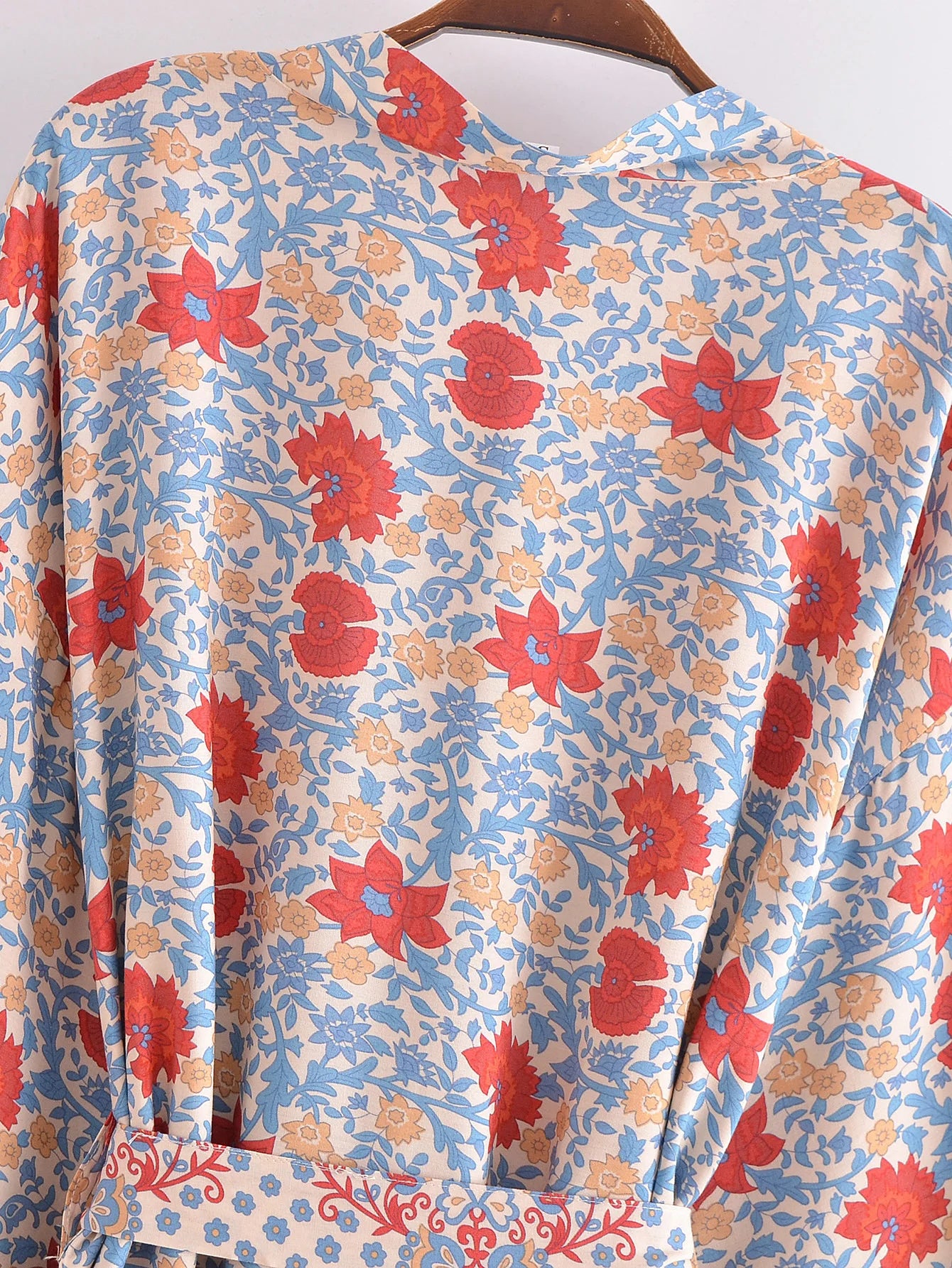 BOHO Women Blue With Pink Flower Print Kimono Shirt Holiday Tide Bow Sashes Mid Long Cardigan Summer Blouse Beach Cape