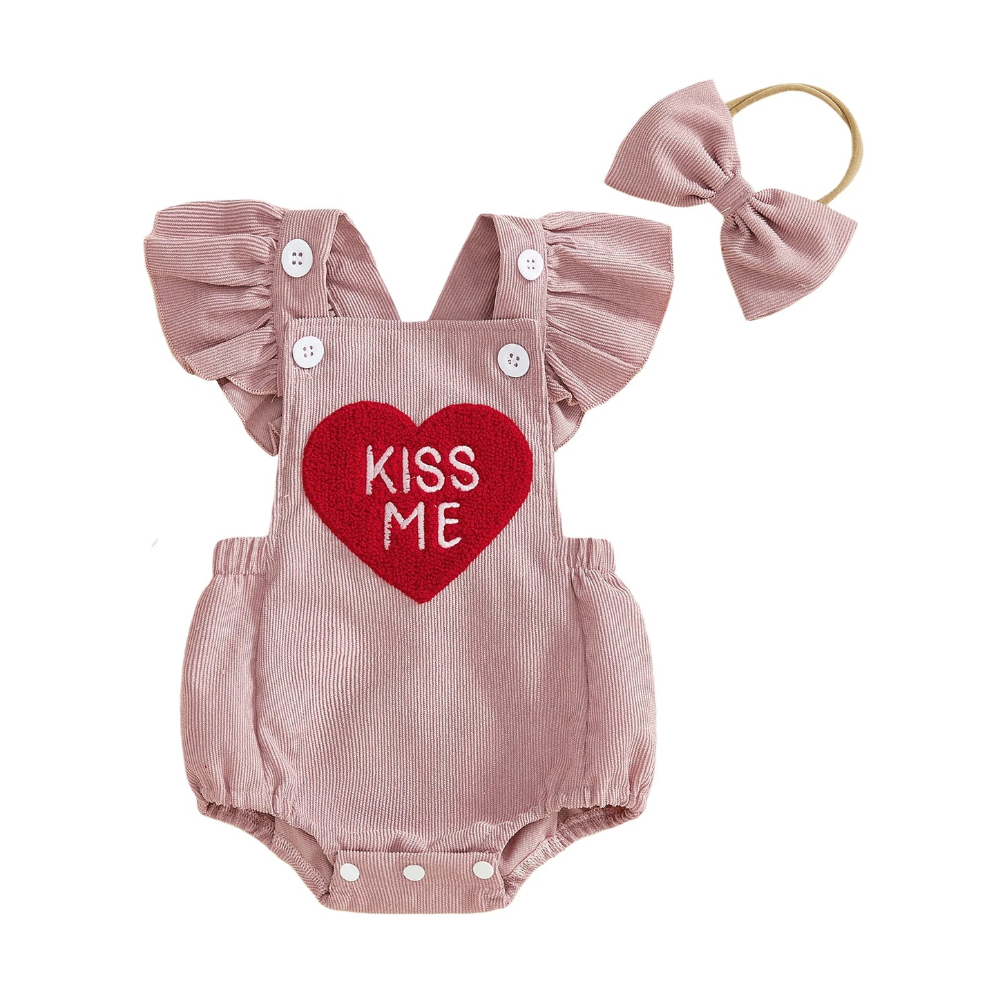 Baby Girl Valentines Outfit Letter Love Heart Embroidered Ruffled Trim Flying Sleeve Romper and Bow Headband 2 Pcs Set