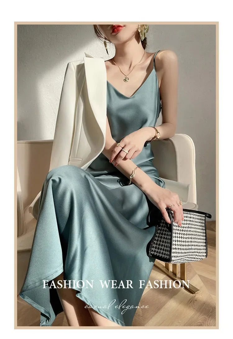 Silk V-neck Slim-fit Satin Dress Sexy Strap Long Gown for Women New 2025 Spring Summer Inner Wear Dress Elegant Lady Dress