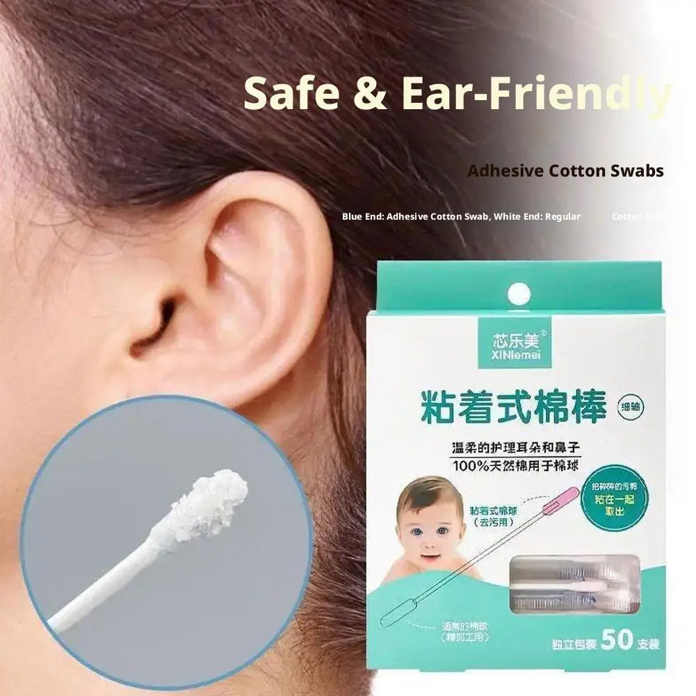 Baby Earwax Removal Swabs 50Pcs Adhesive Cotton Buds Sticky Ear Cleaner Dual-Ended Safe Infant Nose Care Tool
