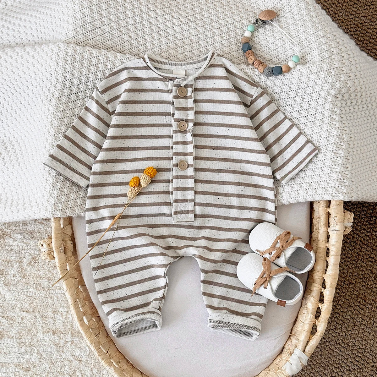 2025 Spring and Autumn New Baby Clothing Striped Cartoon Print Jumpsuit Newborn Baby Romper Pants Babies Aged 0-3Years Kids