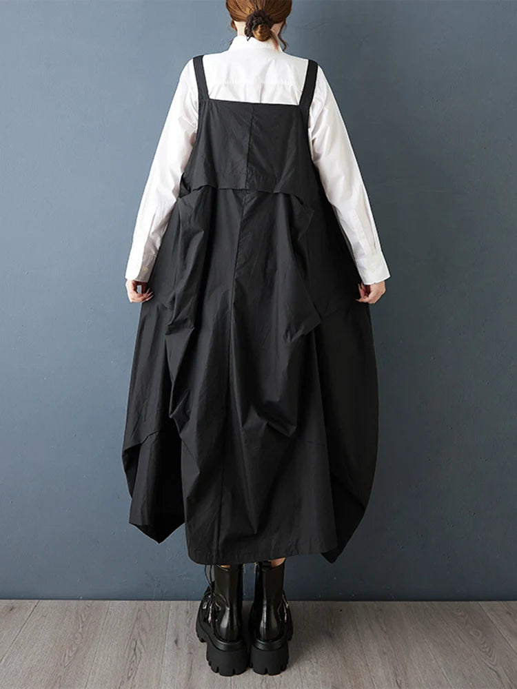 2025 Spring Autumn New Black Vintage Straps Dresses For Women Sleeveless Pleated Loose Casual Dress Robe Elegant Fashion Clothes