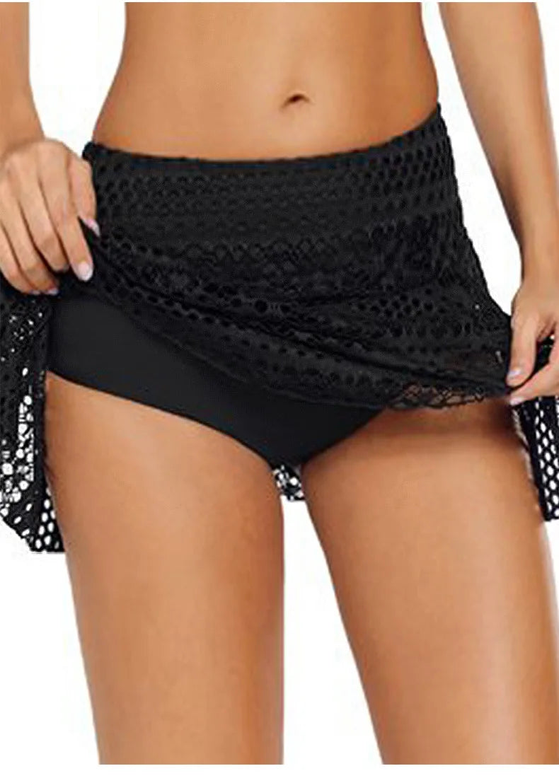 Women's Summer Shorts Skirt Swimwear Fashion Ladies Mini Mesh Lace Crochet Tiered Elastic Waist Famale Sexy Short Swimsuit Pants