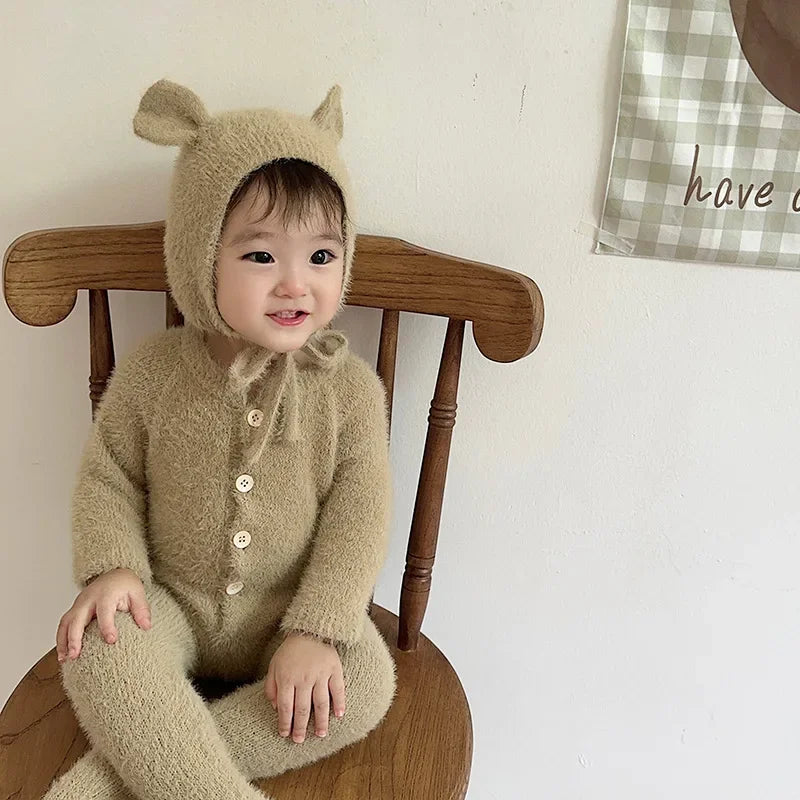 Newborn Baby Mink Fur Romper with Hood Cute Bear Animal Ear Footed Onesie Winter Warm Jumpsuit for 0-2 Years