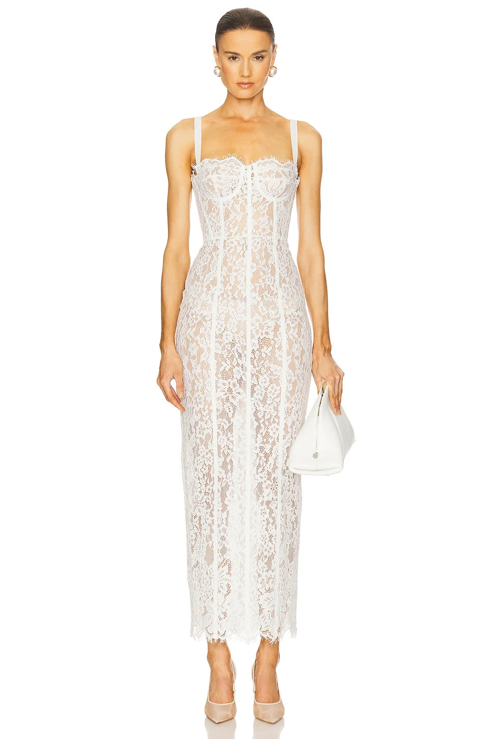 Women’s Cocktail Dress Sexy Lace Hollow Out Transparent Sleeveless Slim Fit Maxi Party Club Evening Gown White Long Dresses