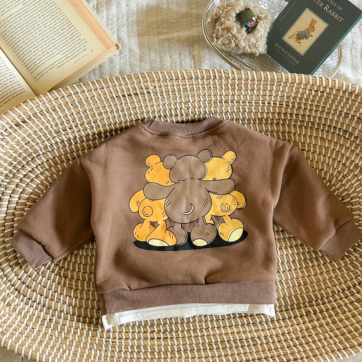 Winter Infan Baby Outfits Boy Girl Sets Velvet Cartoon Little Bear Print Cotton Long Sleeve Tops+Pants Baby  Children Clothing