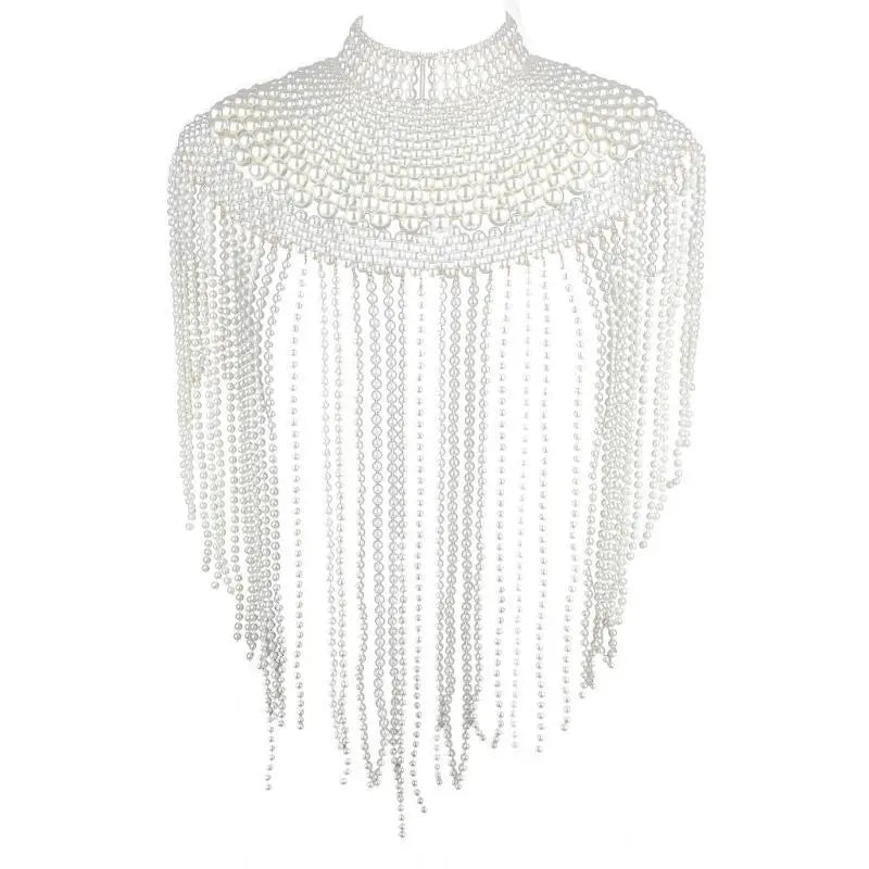 P9FE Fringed Pearls Shawl Wrap for Female Shoulder Chain Necklace Elegant Bride Shawl Formal Dress Shoulder Wrap Body Chain