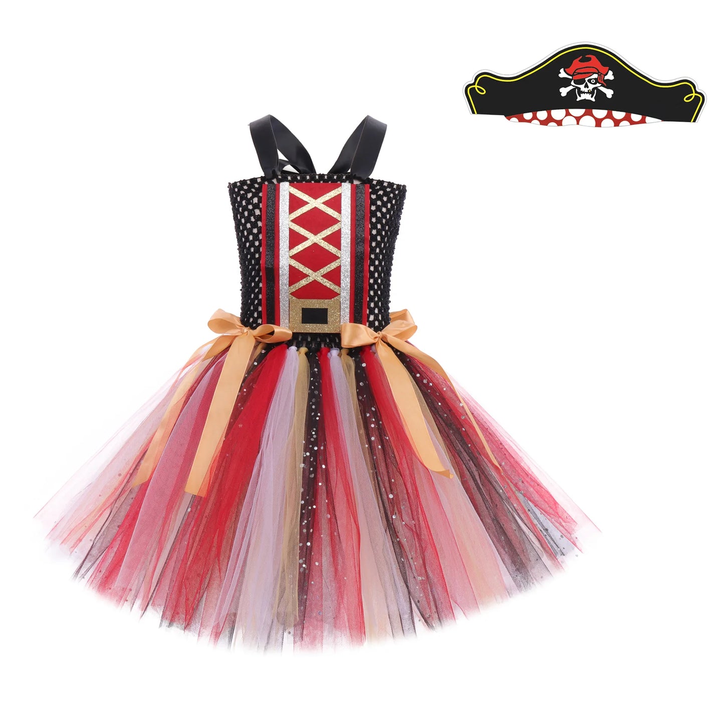 2-12Yrs Children Cosplay Villain Costume Tutu With Hat Girls Halloween Party Outfit Black Red Off Shoulder Princess Pirate Dress