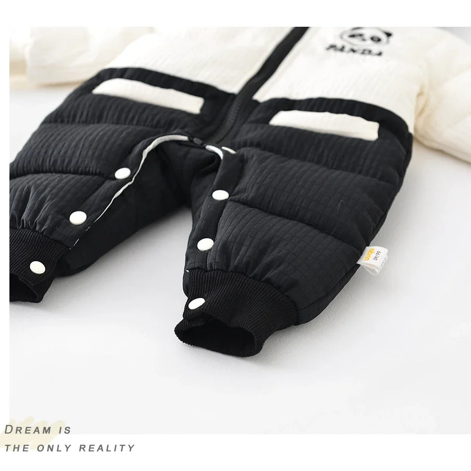 2024 Winter Baby Long Sleeve Warm Hooded Romper Cute Panda Print Newborn Plus Velvet Thick Jumpsuit Infant Girl Boy Warm Clothes