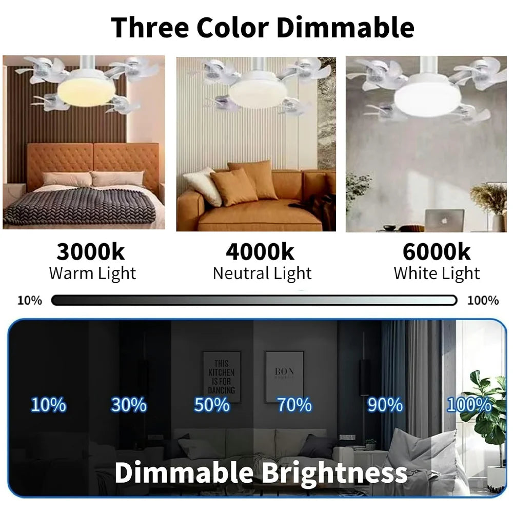 E27 Screw in Ceiling Fan with Remote Control Socket Fan Light Drone Fan Dimmable 3Color Temperatures for Bedroom Kitchen Garage