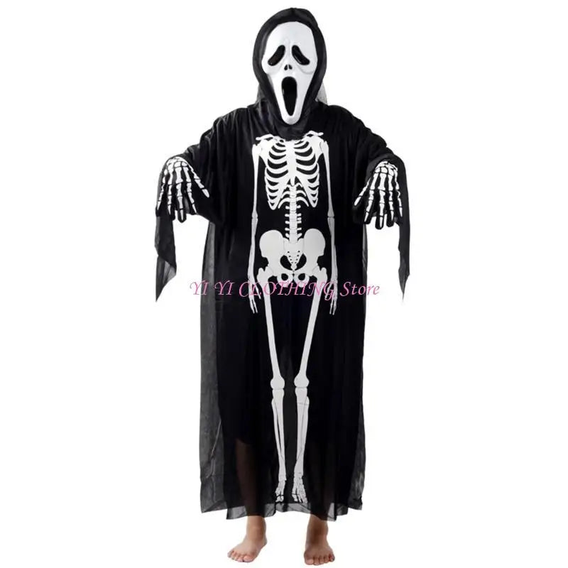 Halloween Skull Skeleton Cosplay Costume Scary Ghost Robe with Front Bone Print for Children Adult Carnival Party Cloak