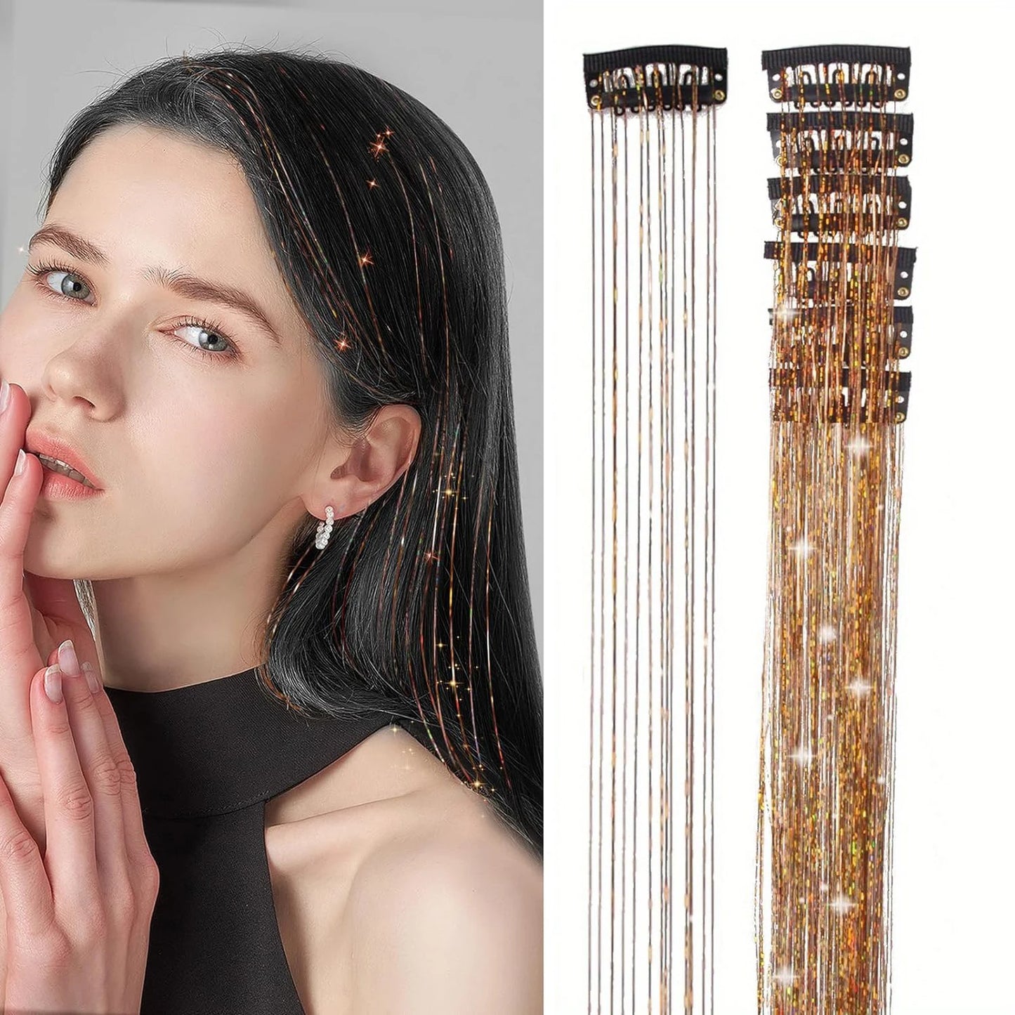 6Pcs Hair Tinsel Clip in 19.6Inch Glitter Synthetic Tinsel Hair Clip in Hair Tinsel Kit Heat Resistant Shiny Sparkle Fairy Hair