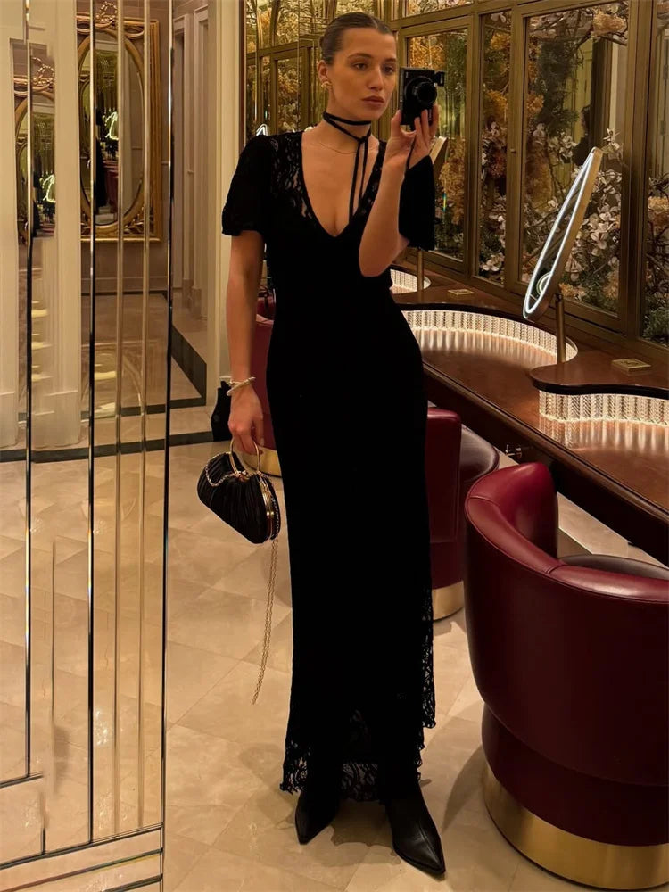 Tossy Fashion Lace Hollow Out Long Dress Women's V-Neck High Waist Sexy See-Through Printed Summer Dress Female Bodycon Dress