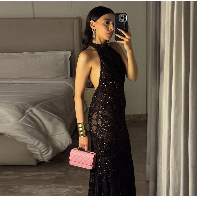 Elegant Sequin Maxi Evening Dress Halter Neck Open Back Women's Formal Party Prom Gown Sparkling Festival Female Long Dresses