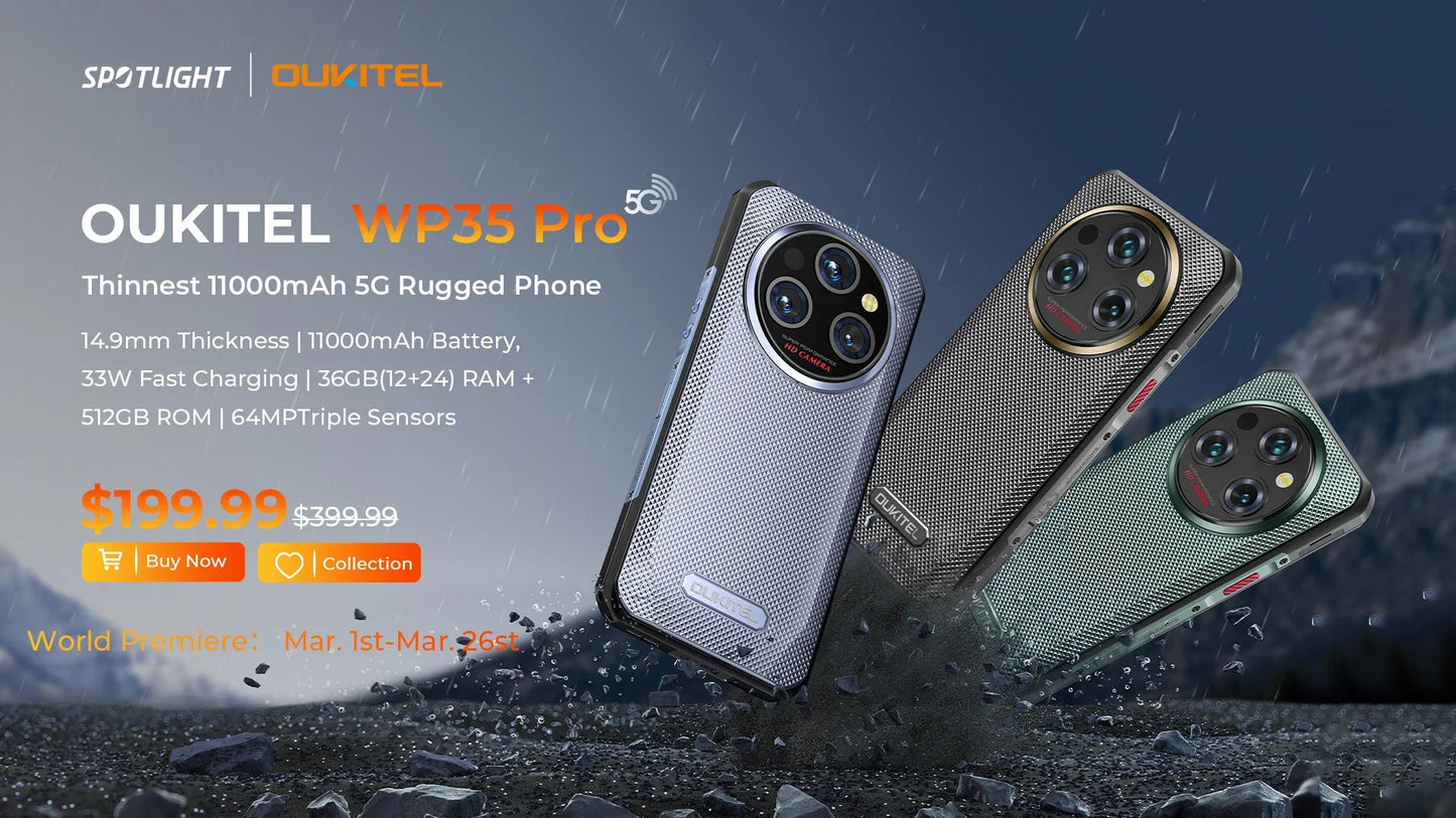 Oukitel WP35 Pro Rugged Smartphone 5G 6.6" 2.4K Display MediaTek Dimensity 6300 Mobile Phone 12GB+512GB 11000mAh 64MP Android 14
