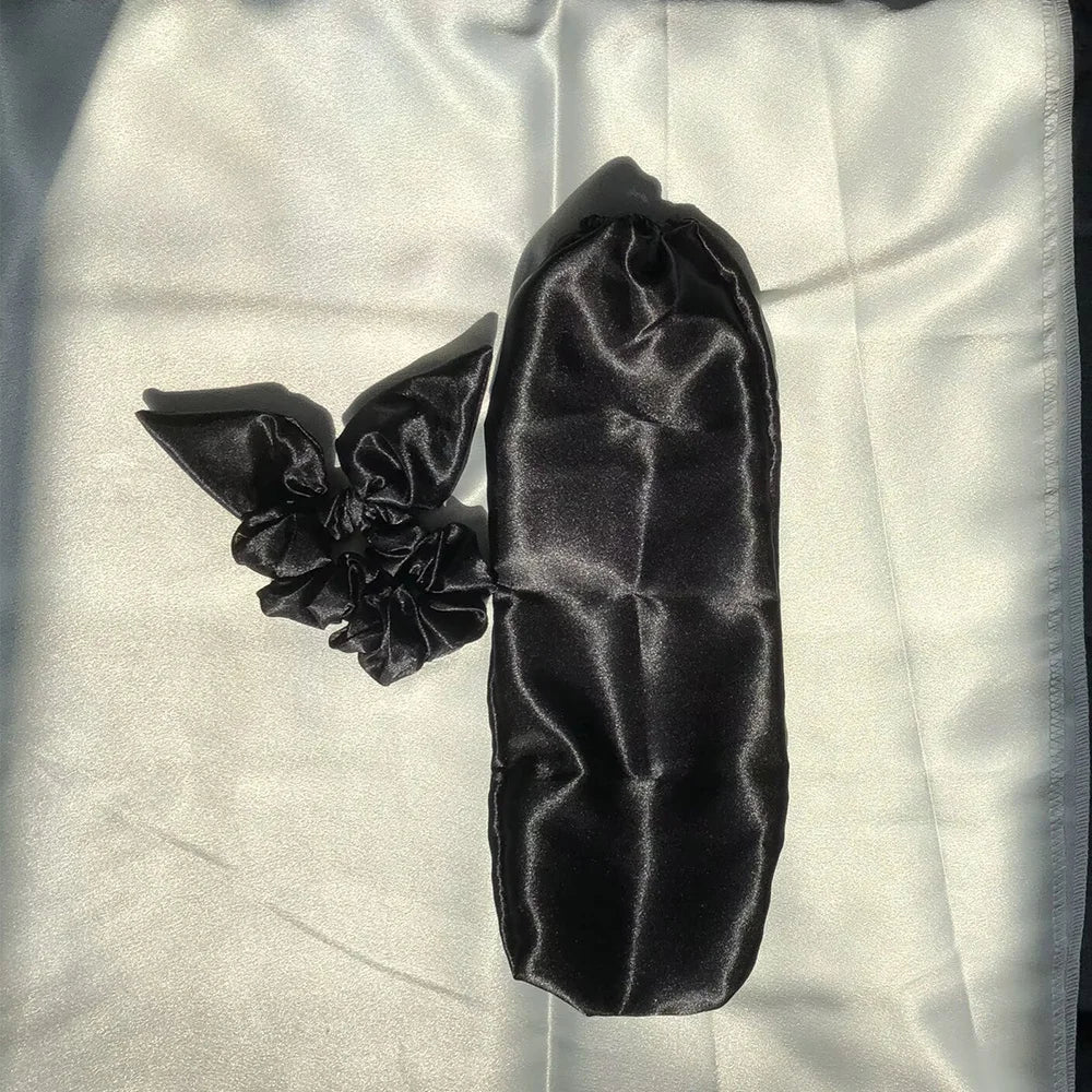 1 Silk Scrunchie+1 Hair Cover Satin, Sleep Cap for Women & Men - Reversible Breathable Hair Protector with Bow Design, Soft Long
