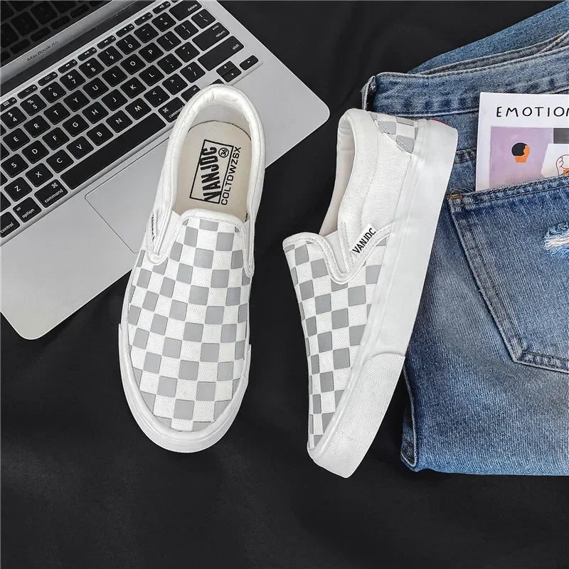 Black White Plaid Canva Women's Shoes Student Vintage Hong Kong Style Versatile Flat Shoes Korean Version Harajuku Casual