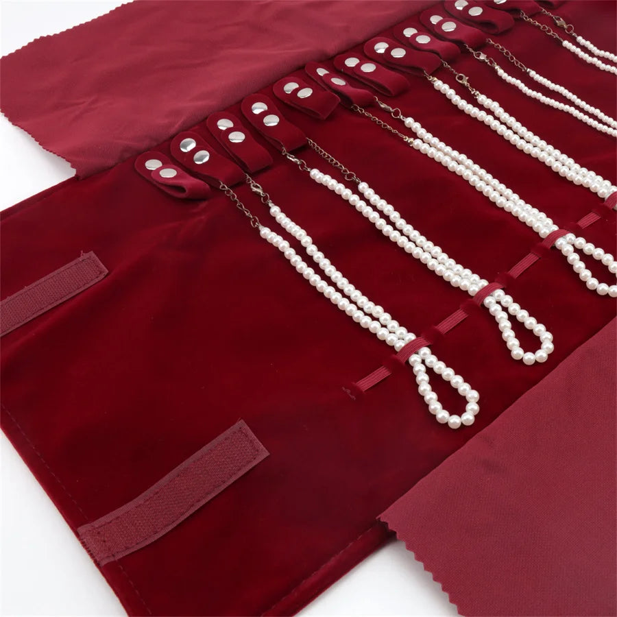 Burgundy Velvet Jewelry Roll Bag Portable Foldable for Necklace Earrings Ring Travel Exhibitions Organizer Storage Bag