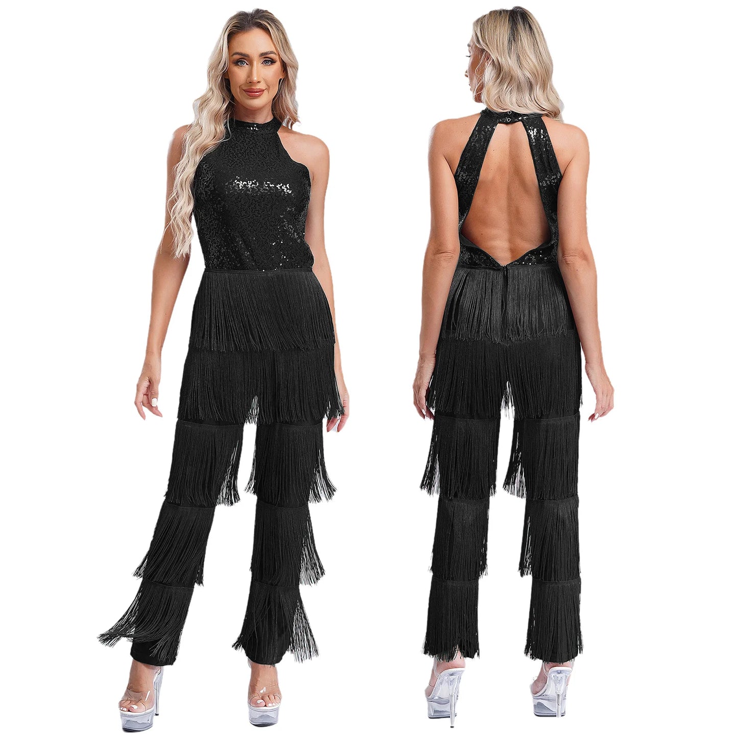 Halloween Hippie Costume womne Vintage 70s Disco Stage Performance Dancing Jumpsuit Singer Sequins Tassel Tango Cha-cha Costumes