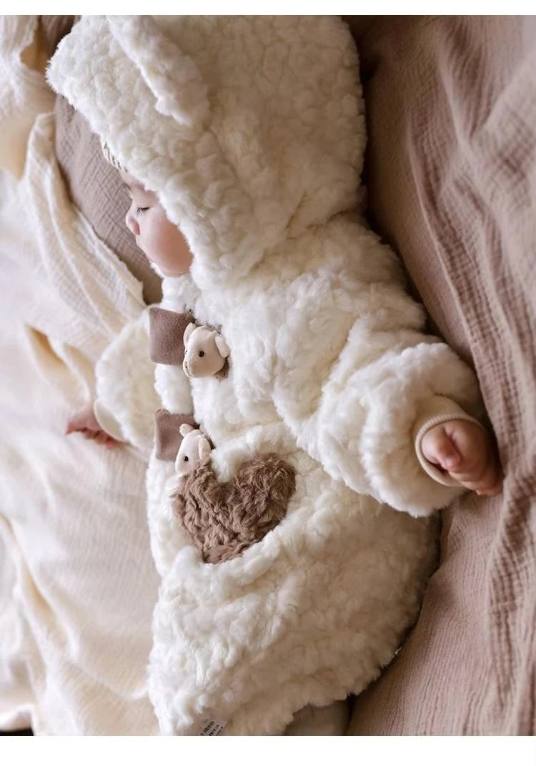 2026 Winter Baby Girls Boys Cute Cartoon Bear Soft Warm Fleece Hooded Rompers Infant Kids Long Sleeve Overalls Jumpsuit