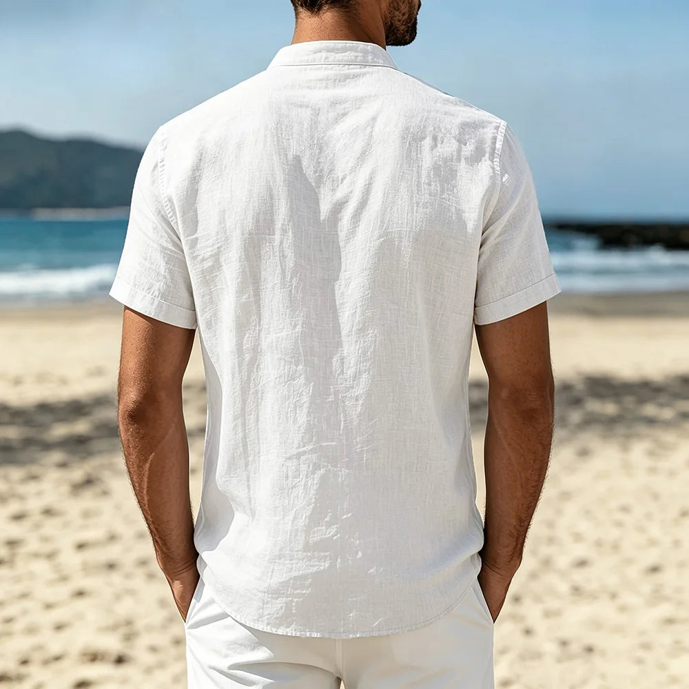 Men's Cotton Linen Shirt Summer Lightweight Breathable Short Sleeve Henley Neck Casual Shirts Male Vacation Beach Style Tops