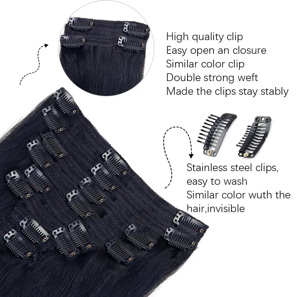 Clip In Hair Extensions Straight 100% Unprocessed Human Hair 8 Pcs/Set Full Head Seamless Brazilian Natural Black Clips ins Hair