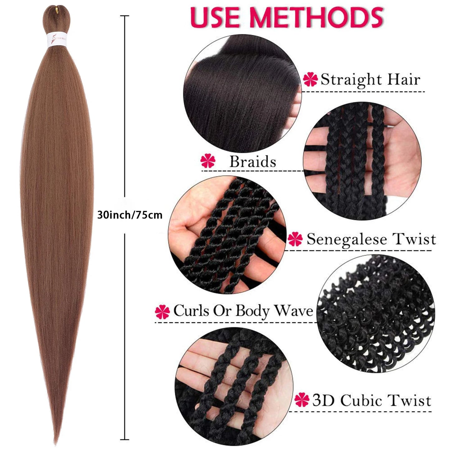 Brown Braiding Hair Pre 3 Packs Pre stretched Braiding Hair Yaki Texture Synthetic Hair Extension Itch Free Hot Water Setting