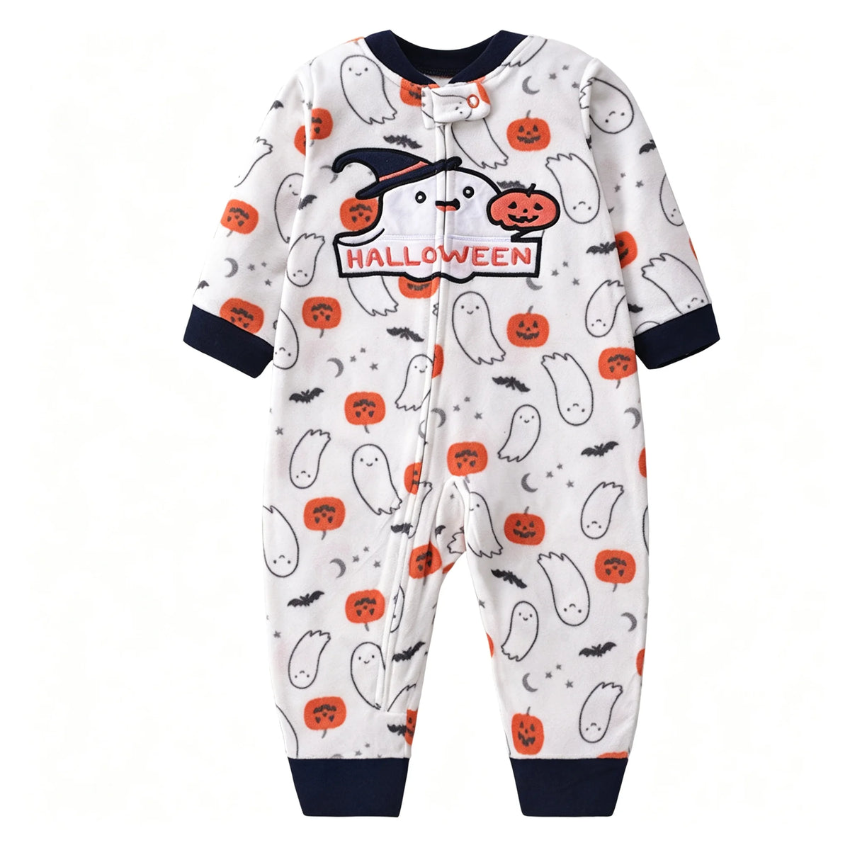 Halloween Baby Romper Polar Fleece Long Sleeve Full Zipper Infant Jumpsuit Ghost Pumpkin Print Footless Toddler Clothes 6-24M