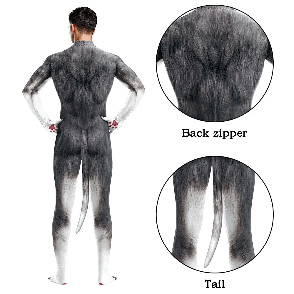 Halloween Cosplay Costume Male Adult Full Cover Elastic Zentai Pet Suit Jumpsuit Print Catsuit Bodysuits with Tail Purim Clothes