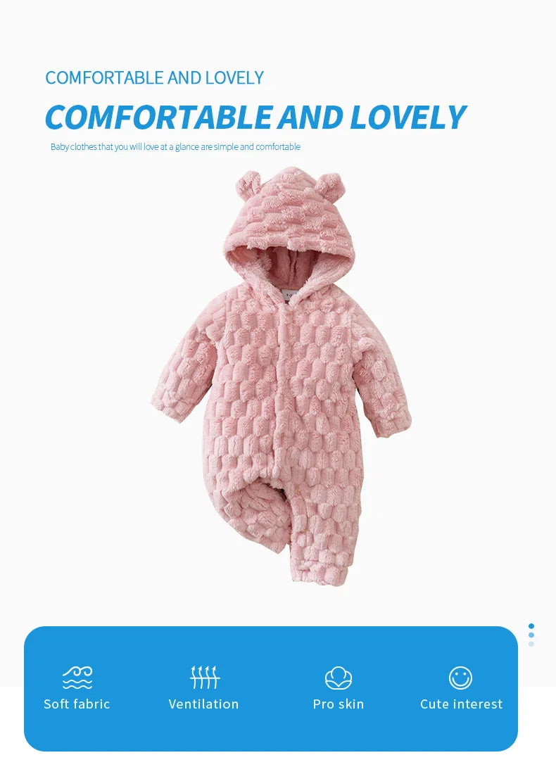 Newborn Baby Romper Winter Flannel pink Hooded ears long sleeve Unisex Baby Bodysuits 0-18 months Girl Comfort Clothes