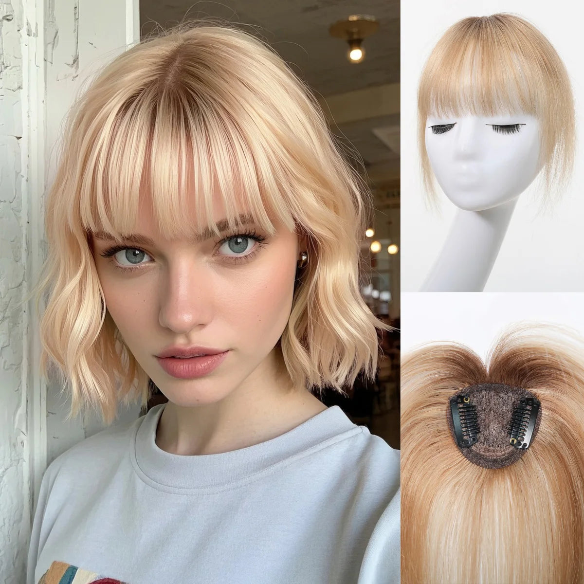100% Human Hair Blonde Ombre Blunt Cut Wispy Bangs with Sideburns 5x5cm Clip-in Fringe Hairpiece with Top Hair Patch for Daily
