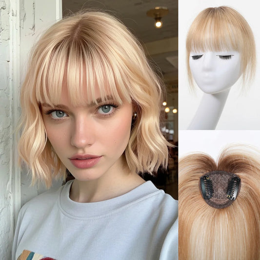 100% Human Hair Blonde Ombre Blunt Cut Wispy Bangs with Sideburns 5x5cm Clip-in Fringe Hairpiece with Top Hair Patch for Daily