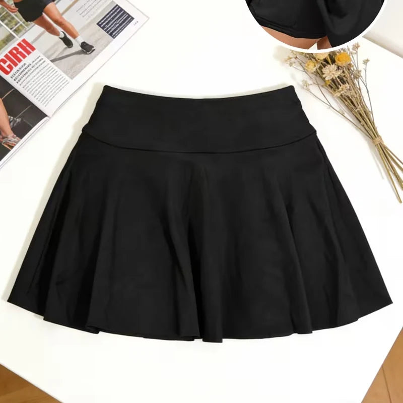 Women Quick Drying Sports Tennis Skirt Solid Color High Waist Inner Pocket Athletic Yoga Skirt Female Running Fitness Mini Skirt