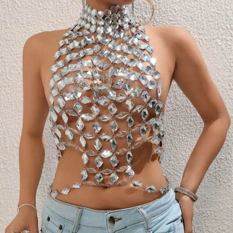 European And American Y2k Colorful Gemstone Necklace, Nightclub Sparkling Openwork Halter Top, Adjustable Layered Body Chain