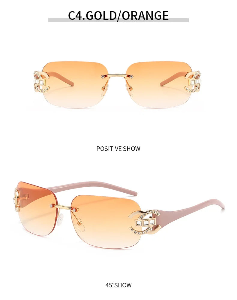 Sexy Popular Ins Rimless Square Sunglasses for Women Luxury Brand Design Diamond Punk Sun Glasses Cute Pink Shades Girls Eyewear